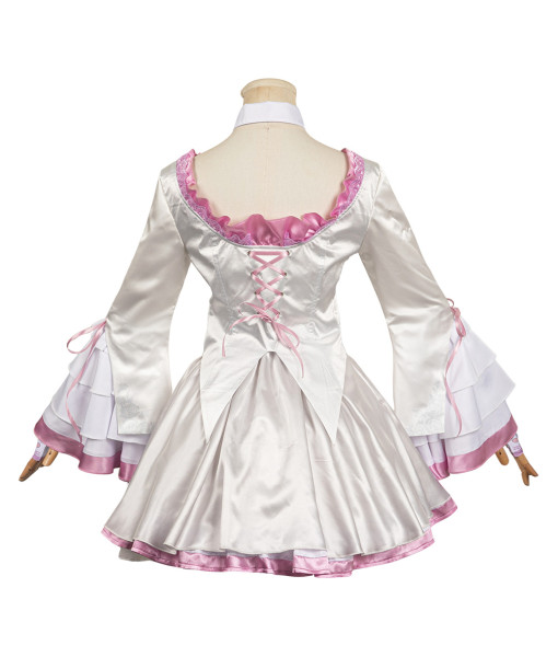 Women White Lolita Dress with Pink Ruffles Flare Sleeve Rococo Style Halloween Costume