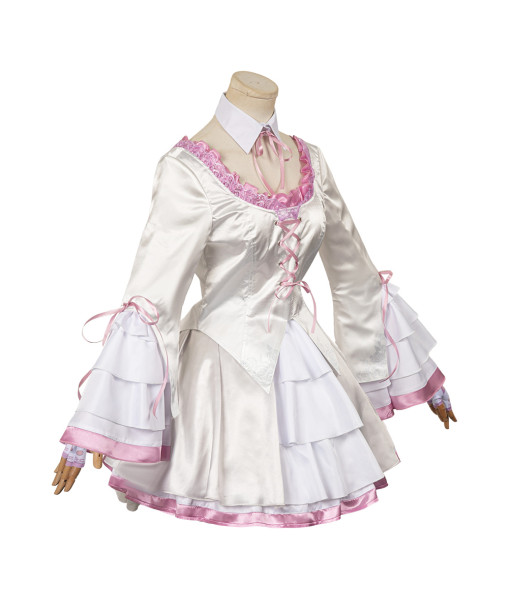 Women White Lolita Dress with Pink Ruffles Flare Sleeve Rococo Style Halloween Costume