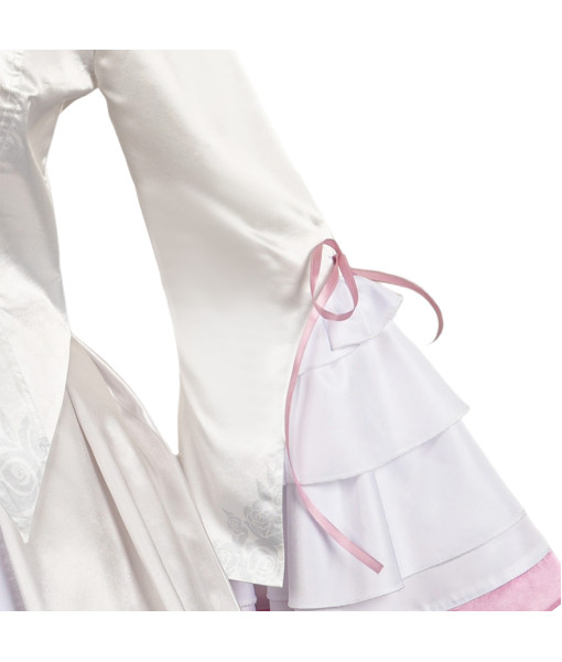 Women White Lolita Dress with Pink Ruffles Flare Sleeve Rococo Style Halloween Costume