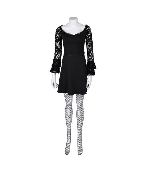 Women Black Hollow Lace Dress Long Sleeve Gothic Style Halloween Costume