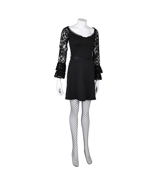 Women Black Hollow Lace Dress Long Sleeve Gothic Style Halloween Costume