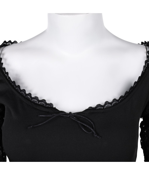 Women Black Hollow Lace Dress Long Sleeve Gothic Style Halloween Costume