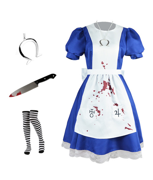 Women Blue Maid Dress Bloody Apron Horror Halloween Costume