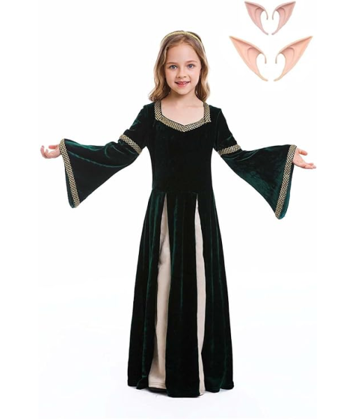 Children European 12th Century Retro Dark Green Long Dress Outfits Cosplay Costume