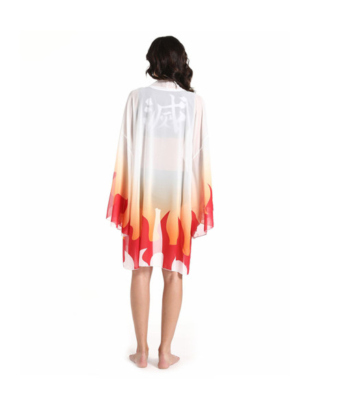 Women Mesh Fire Printed Sunshade Cape Beach Swinsuit 2Pcs Hawaii Costume