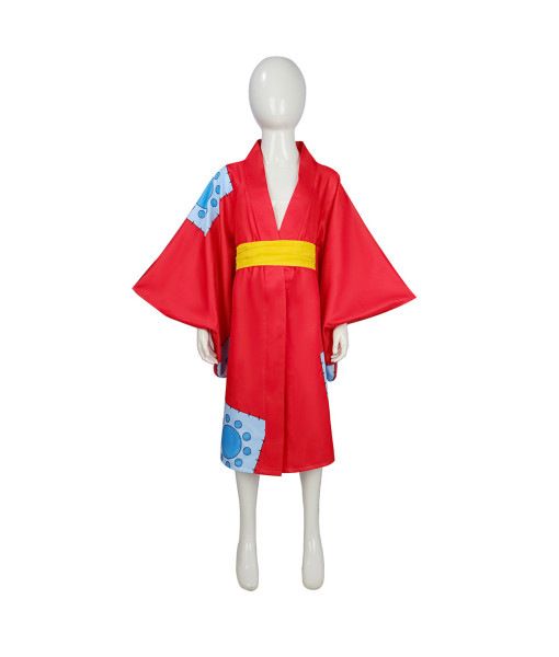 Luffy One Piece Anime Kids Children Wano Country Red Kimono Cosplay Costume
