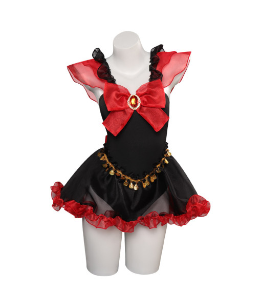 Women Dark Red Bow Golden Trim Black Mesh Transparent Sexy Swimsuit Halloween Costume 