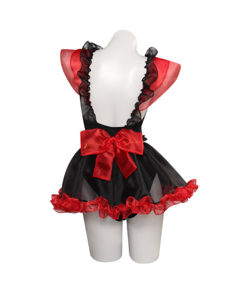 Women Dark Red Bow Golden Trim Black Mesh Transparent Sexy Swimsuit Halloween Costume 