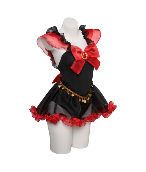 Women Dark Red Bow Golden Trim Black Mesh Transparent Sexy Swimsuit Halloween Costume 