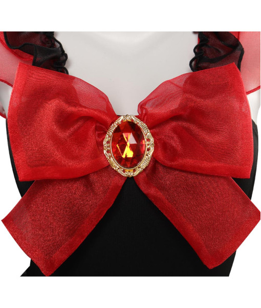 Women Dark Red Bow Golden Trim Black Mesh Transparent Sexy Swimsuit Halloween Costume 