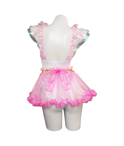 Women Pink Bow White Lace Transparent Swimsuit Sexy Halloween Party Costume