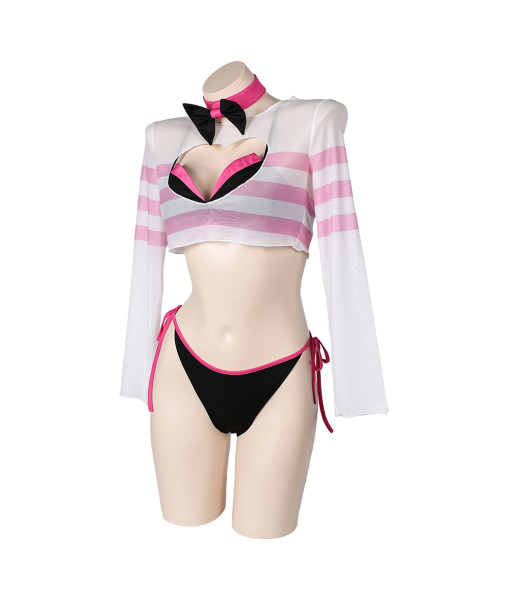 Women Pink And Black Strip Bowtie Bikini Set Swimsuit Halloween Costume