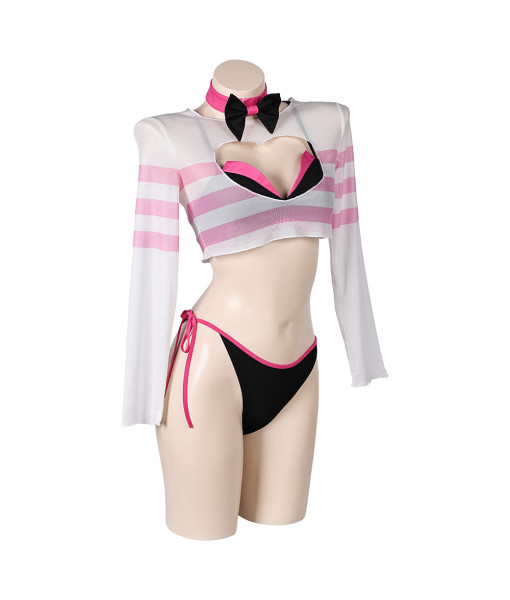 Women Pink And Black Strip Bowtie Bikini Set Swimsuit Halloween Costume