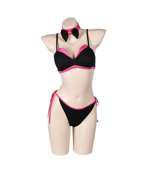 Women Pink And Black Strip Bowtie Bikini Set Swimsuit Halloween Costume