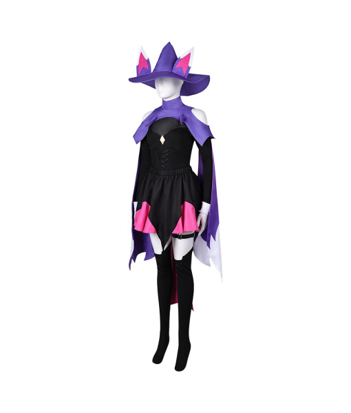 Women Black Slimming Shape Jumpsuit Cloak Witch Hat Fullset Halloween Costume