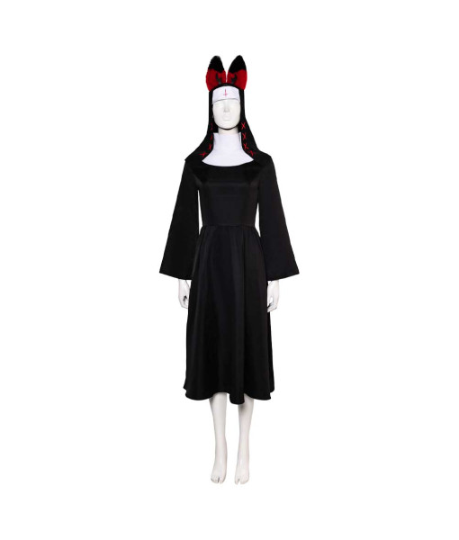 Women Dark Nun Full Set Outfits Red Ears Furry Halloween Costume