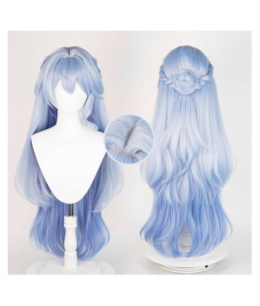 Women Light Blue Long Hair with Bun Wig Halloween Costume Accessories