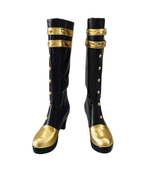  Women Black Leather Golden Trim Boots Halloween Shoes Costume Acceessories