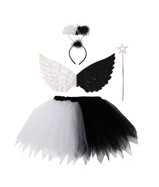 Kids Children Black White Wings Angel Tutu Skirt Full Set Halloween Costume