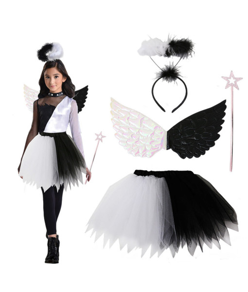Kids Children Black White Wings Angel Tutu Skirt Full Set Halloween Costume
