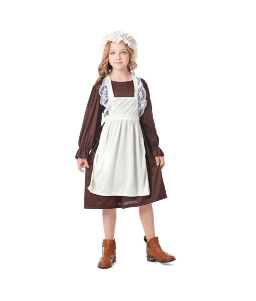 Kids Children Brown Dress Medieval European Colonial Pilgrim Costume