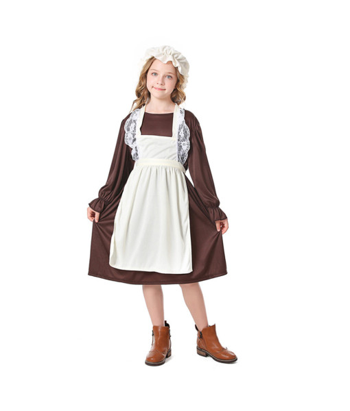 Kids Children Brown Dress Medieval European Colonial Pilgrim Costume