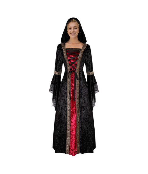 Women Medieval Hooded Cloak Robe Dress Red Black Halloween Costume