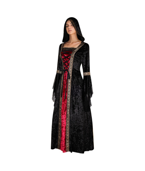 Women Medieval Hooded Cloak Robe Dress Red Black Halloween Costume