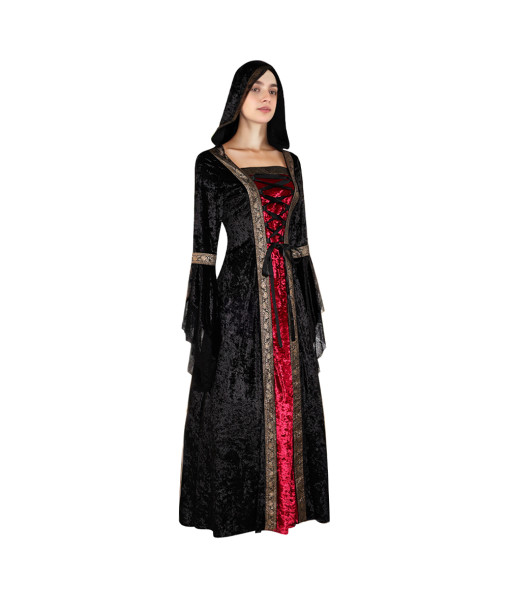 Women Medieval Hooded Cloak Robe Dress Red Black Halloween Costume