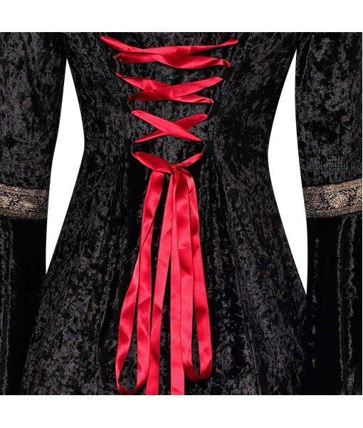 Women Medieval Hooded Cloak Robe Dress Red Black Halloween Costume