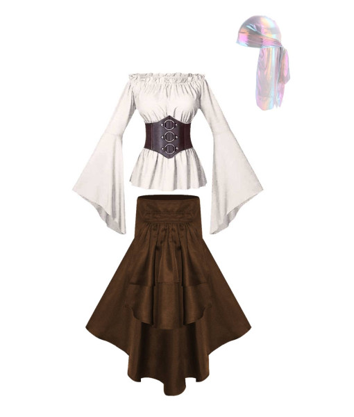 Women Medieval Pirate Skirt and Top Set Outfit Halloween Costume