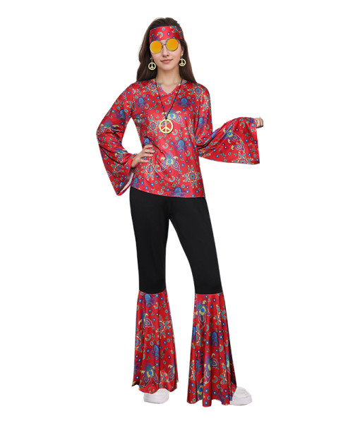 Women Red 70s Hippie Outfits Full Set Halloween Costume
