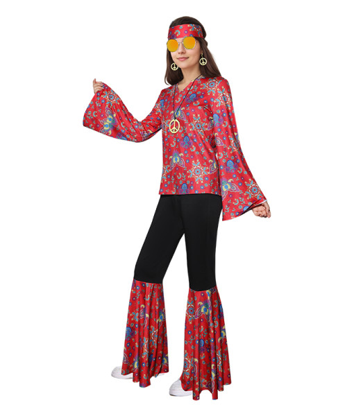 Women Red 70s Hippie Outfits Full Set Halloween Costume