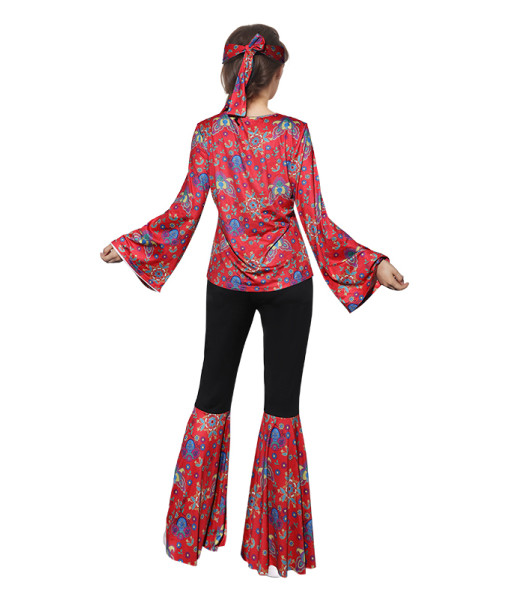 Women Red 70s Hippie Outfits Full Set Halloween Costume