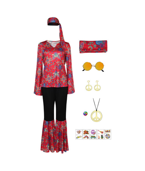 Women Red 70s Hippie Outfits Full Set Halloween Costume