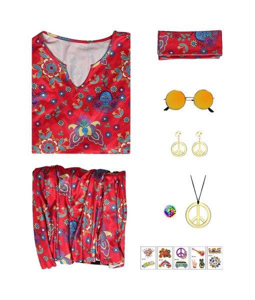 Women Red 70s Hippie Outfits Full Set Halloween Costume