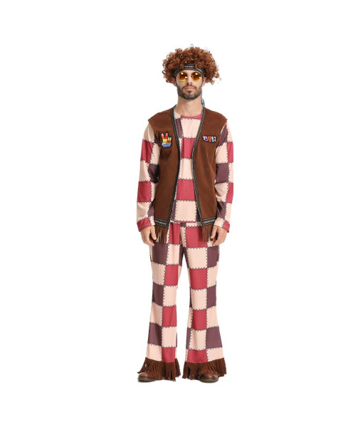 Men Hippie Red 60s Square Pattern Outfit Halloween Costume