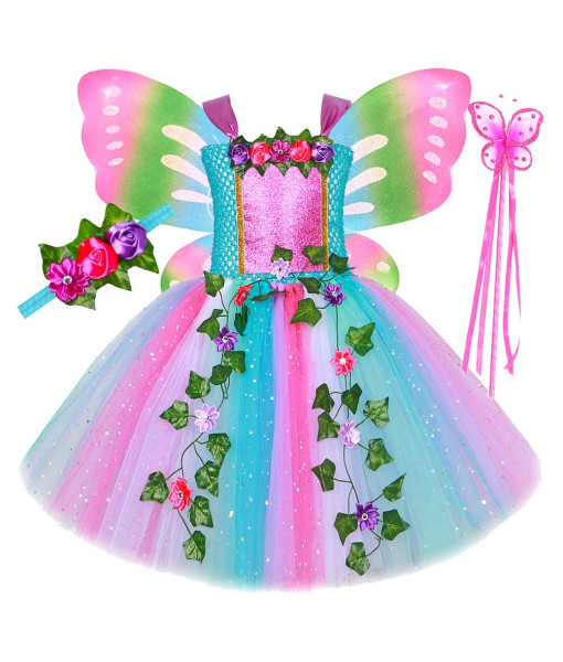 Kids Children Rainbow Jungle Fairy Tutu Skirt Butterfly Wing Halloween Costume