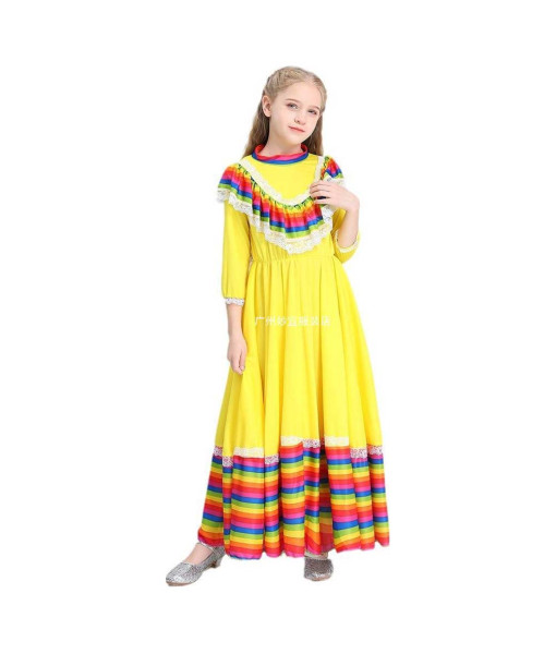 Kids Children Yellow Mexican Girl Long Skirt Halloween Cosplay Costume