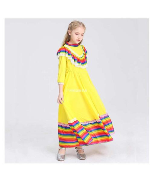 Kids Children Yellow Mexican Girl Long Skirt Halloween Cosplay Costume