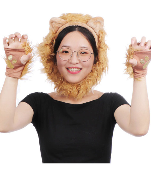 Lion Gloves Tail Headband Set Plush Halloween Cosplay Accessories