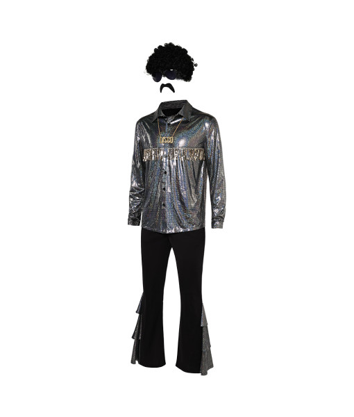 1980s Hippie Black Disco Shiny  8 Pcs Outfit Men Halloween Costume