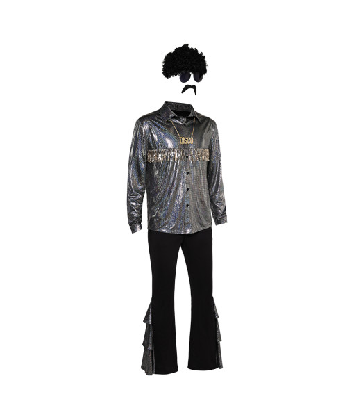 1980s Hippie Black Disco Shiny  8 Pcs Outfit Men Halloween Costume