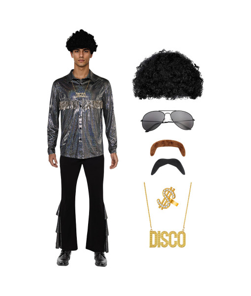 Men Black 70s Disco Shiny Shirt Flared Pants 8 Pcs Outfit Halloween Costume