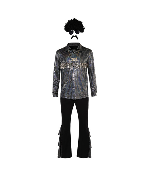 Men Black 70s Disco Shiny Shirt Flared Pants 8 Pcs Outfit Halloween Costume