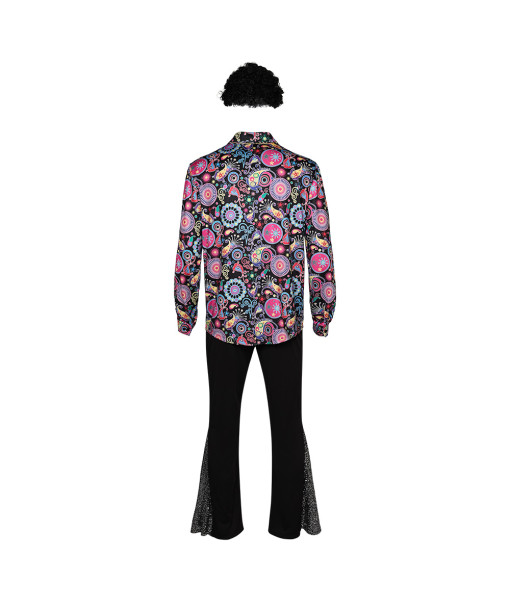 Men Black Printed 90s Disco Flower Pattern Outfit 7 Pcs Halloween Costume