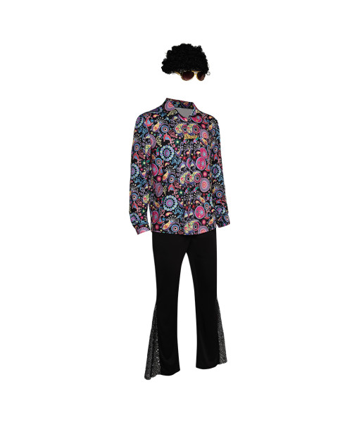 Men Black Printed 90s Disco Flower Pattern Outfit 7 Pcs Halloween Costume