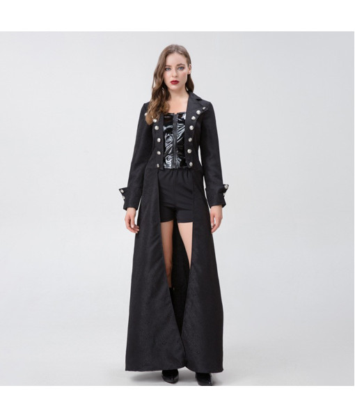 Women Black  Long Cardigan Pirate Role Play Steampunk Style Halloween Costume