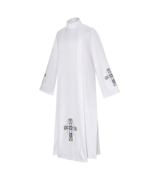 Men Blue Lace Cross Print Baptism Choir White Robe Halloween Cosplay Costume