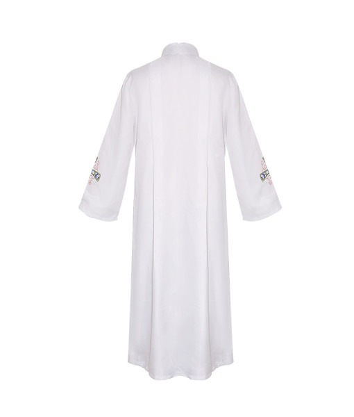 Men Blue Lace Cross Print Baptism Choir White Robe Halloween Cosplay Costume